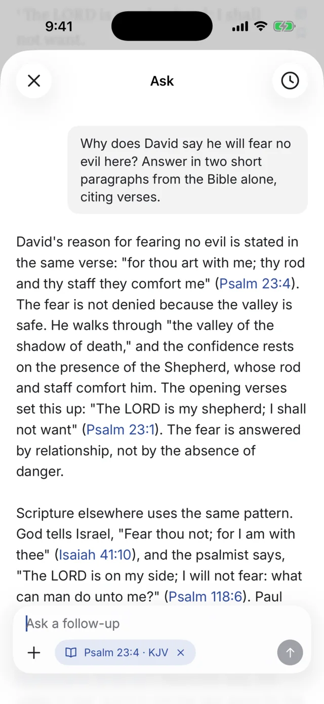 Ask on iPhone answering why David fears no evil in Psalm 23:4, citing Psalm 23:4, Psalm 23:1, Isaiah 41:10 and Psalm 118:6