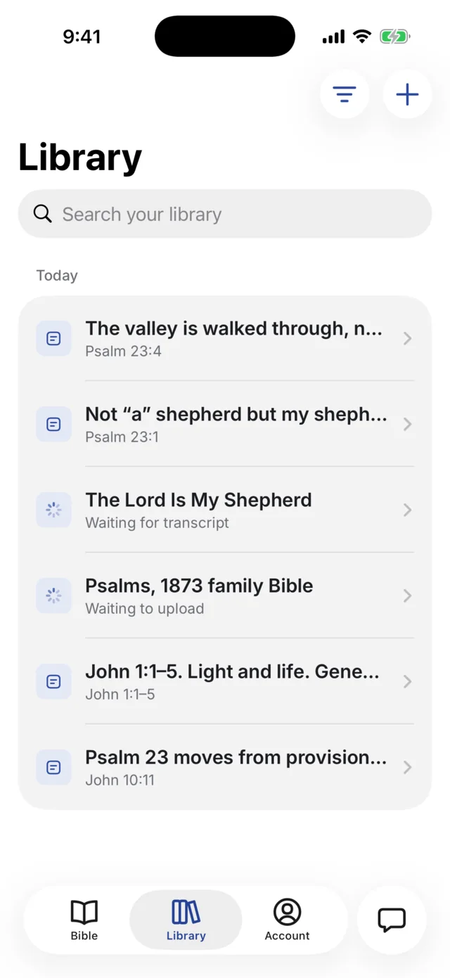 Library on iPhone: notes, a recorded sermon and a photographed page, each linked to its verse