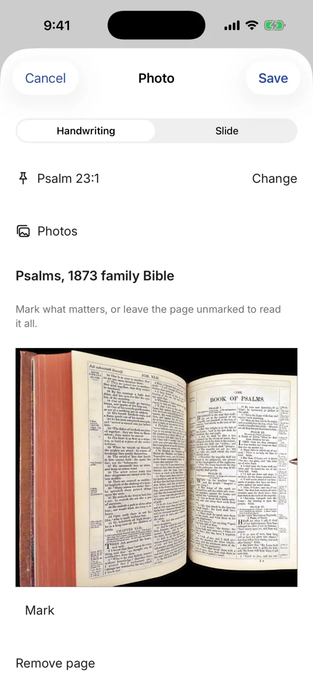 Saving a photo of a printed Psalms page, anchored to Psalm 23:1