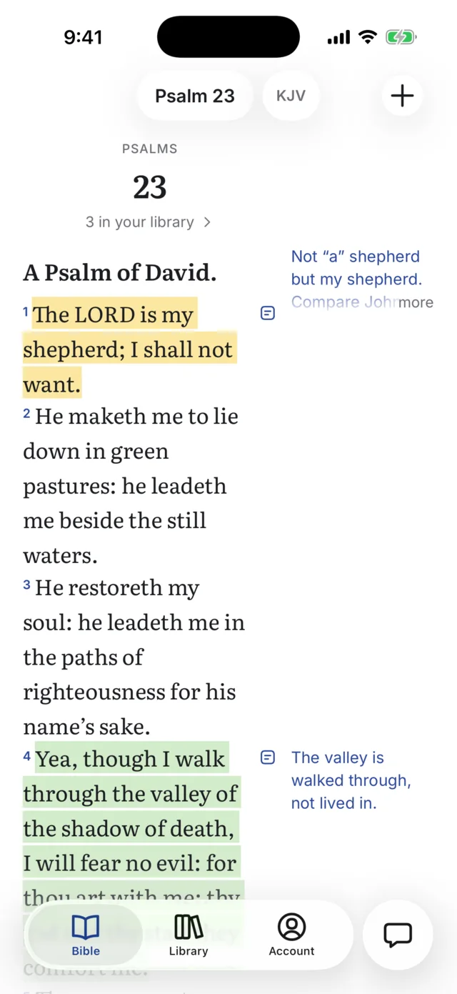Carrell on iPhone: Psalm 23 with two verses highlighted and notes in the margin