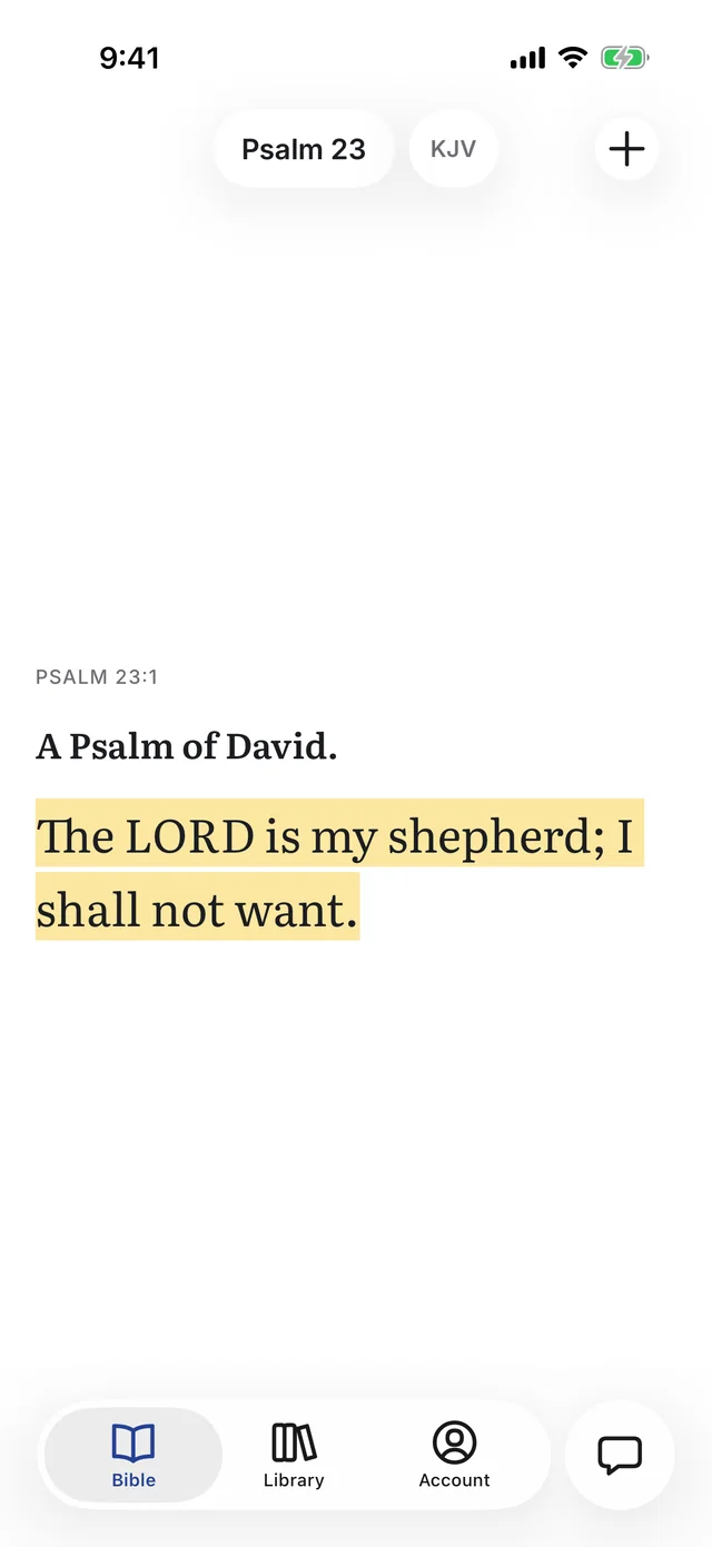 Scroll mode on iPhone: Psalm 23:1, highlighted yellow