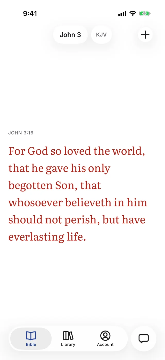 Scroll mode on iPhone: John 3:16 alone on the screen, the words of Christ in red
