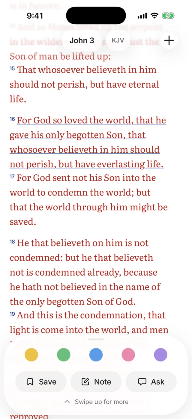 John 3:16 selected on iPhone, with highlight colours and Save, Note and Ask