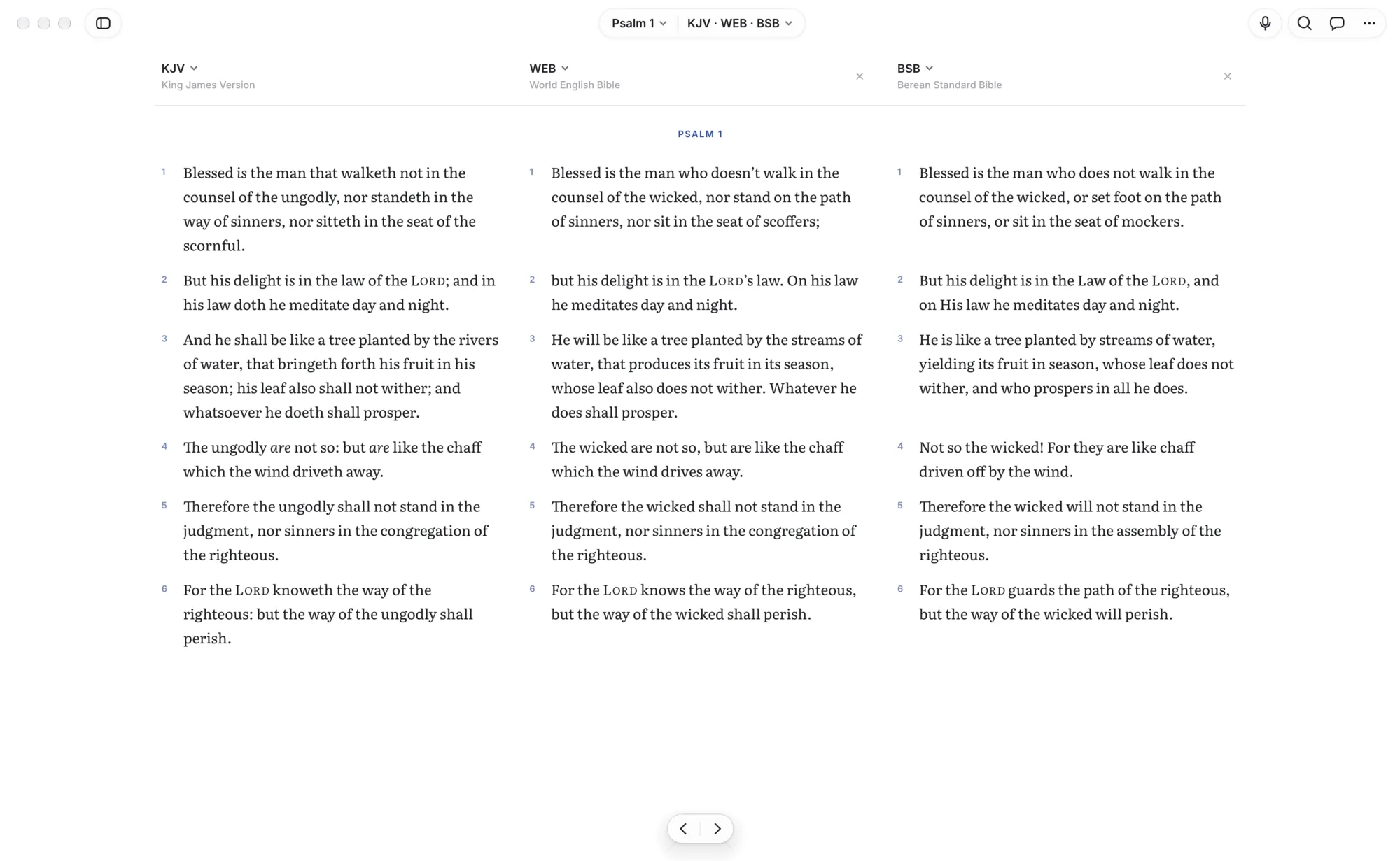 Psalm 1 in the KJV, WEB and BSB side by side
