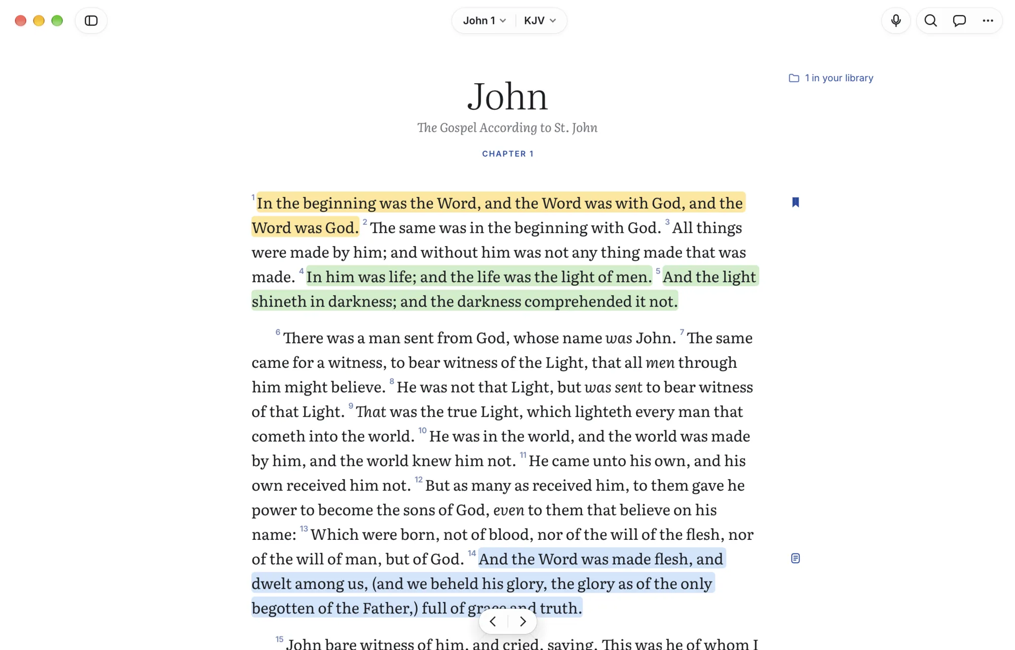 Carrell on the Mac, reading John 1 in the King James Version with highlighted verses, a bookmark and a note
