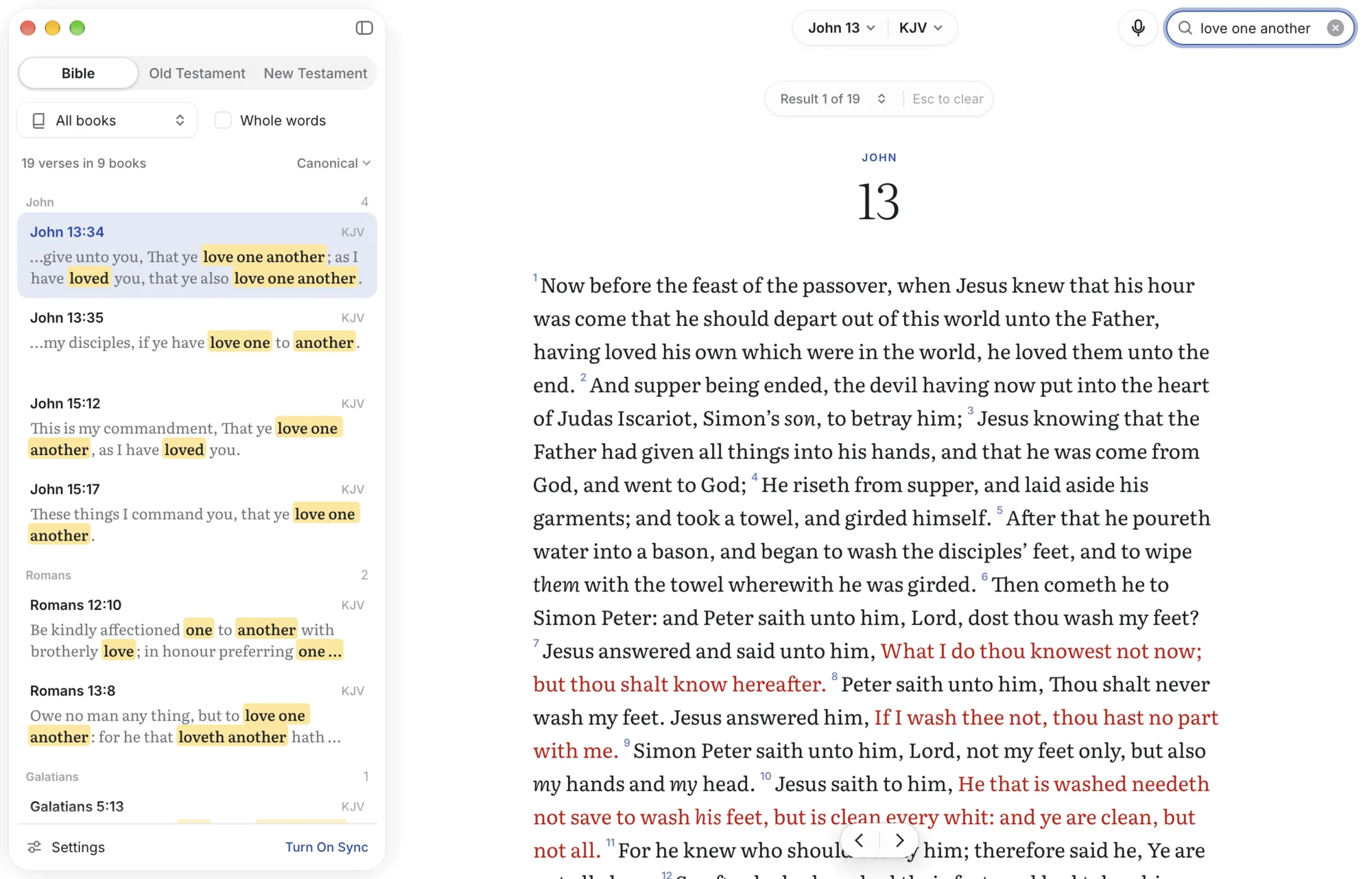 Searching for “love one another” on the Mac: 19 verses, with the matches highlighted