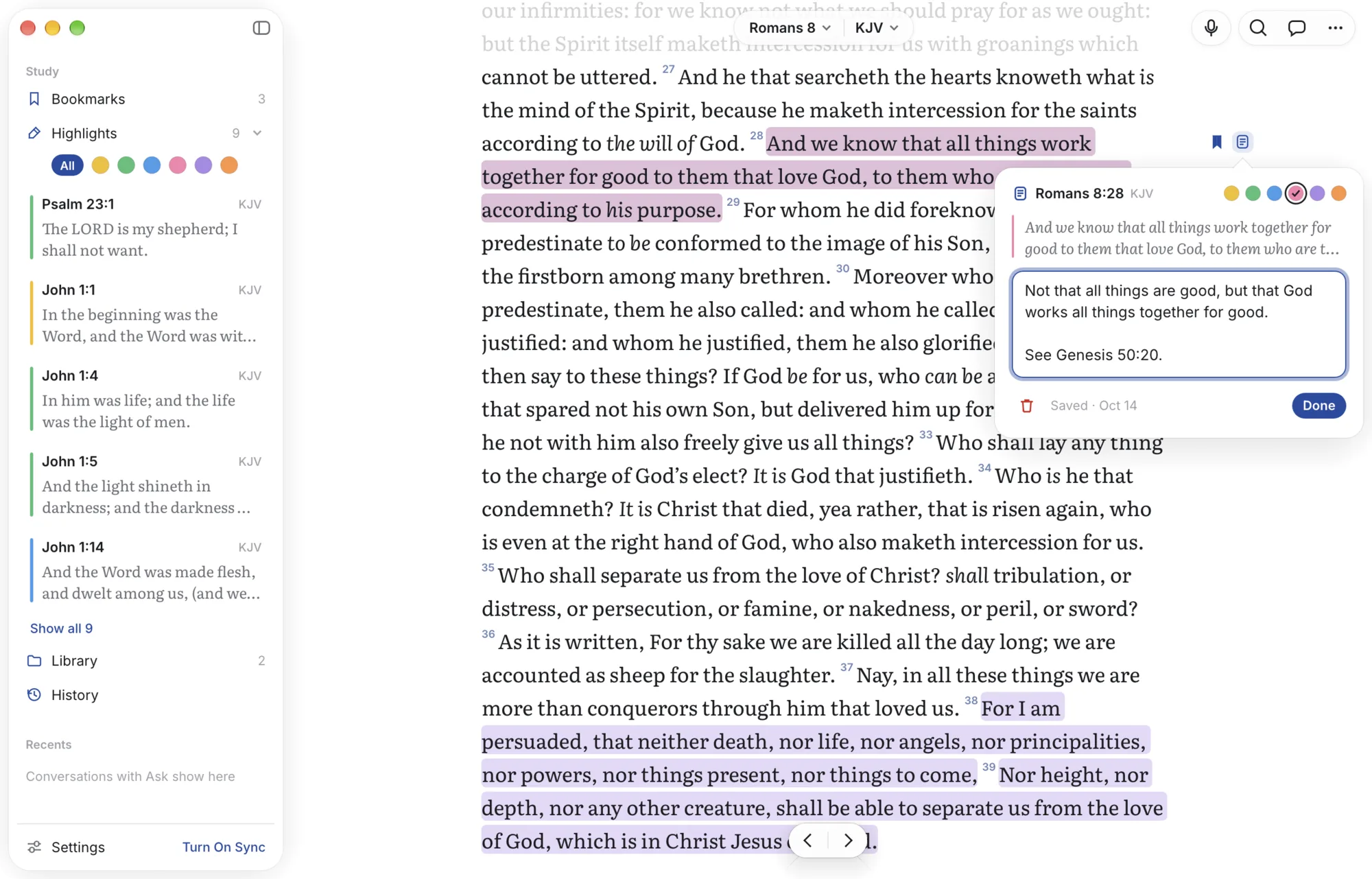 Romans 8 with the note on verse 28 open and the Study sidebar listing highlights